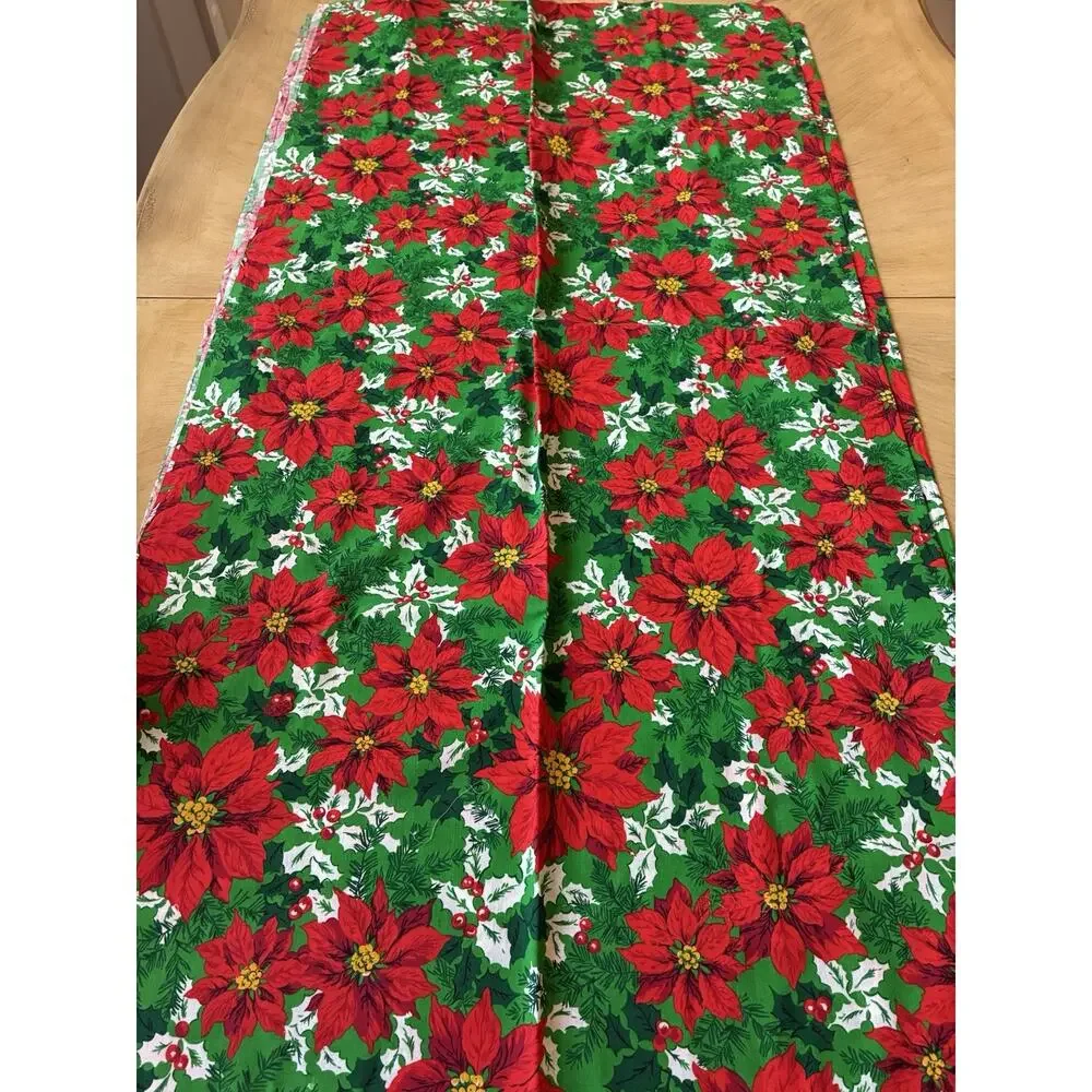 Vtg Christmas Fabric Poinsettia Green Red Holly 112x58 Cotton Uncut 3 Yds New